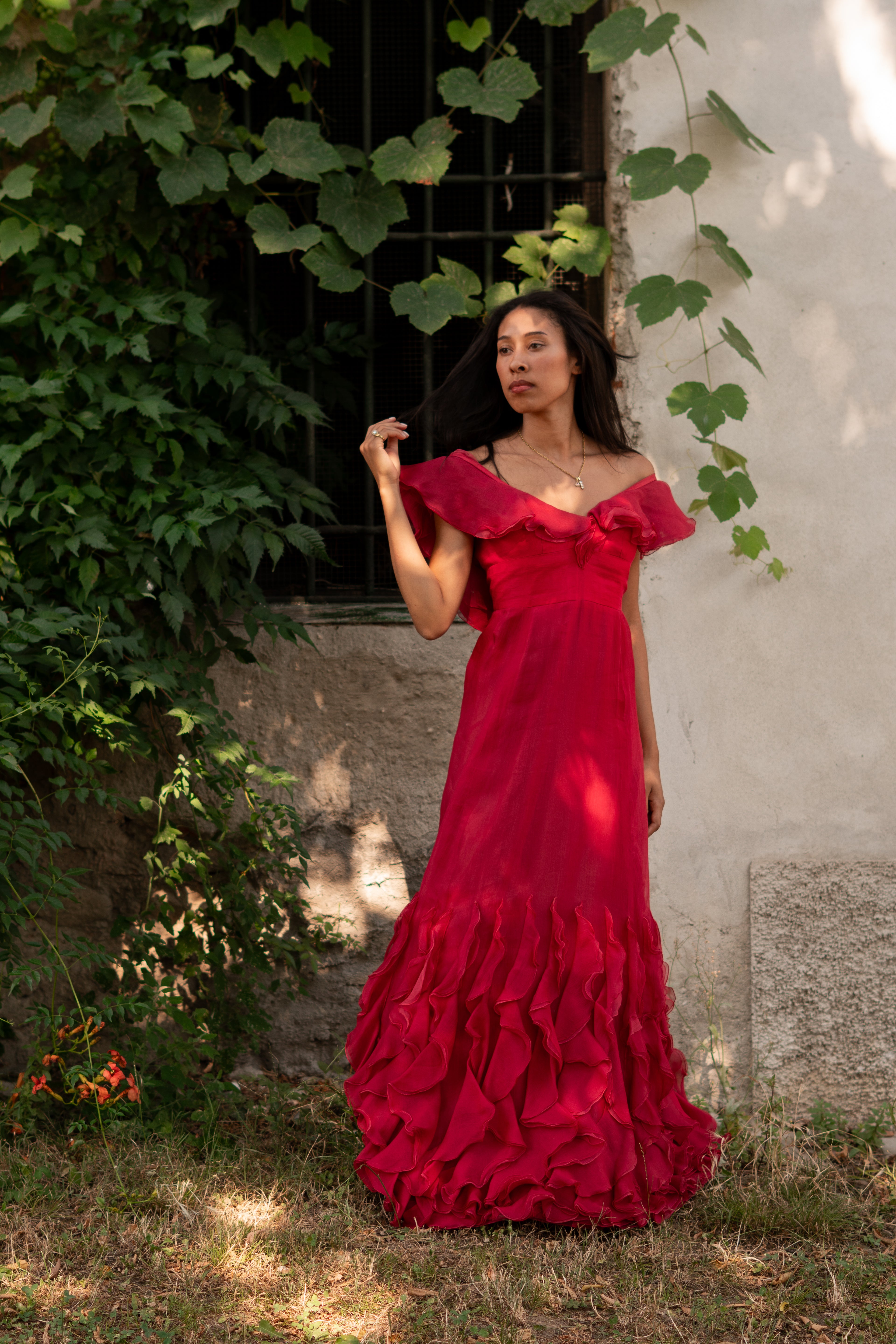 1970  Silk Organdy Ruffles Evening Gown