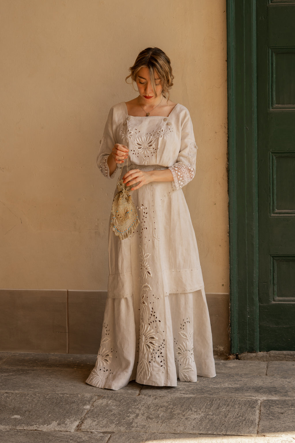 Edwardian Floral Embroidery Linen Dress
