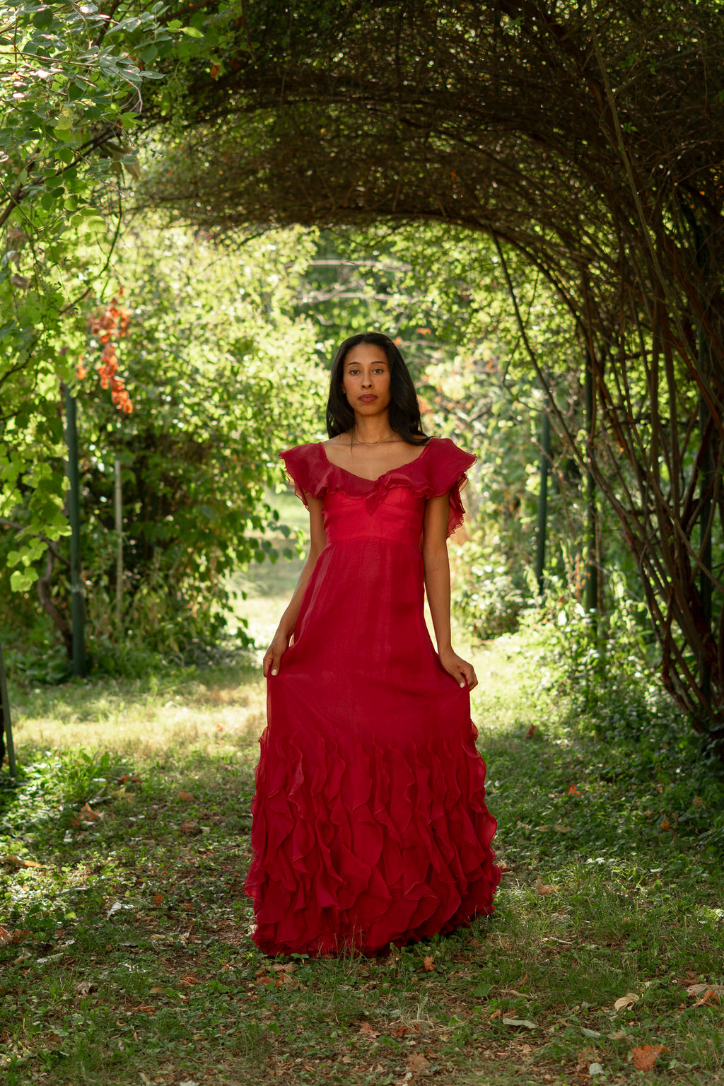 1970  Silk Organdy Ruffles Evening Gown