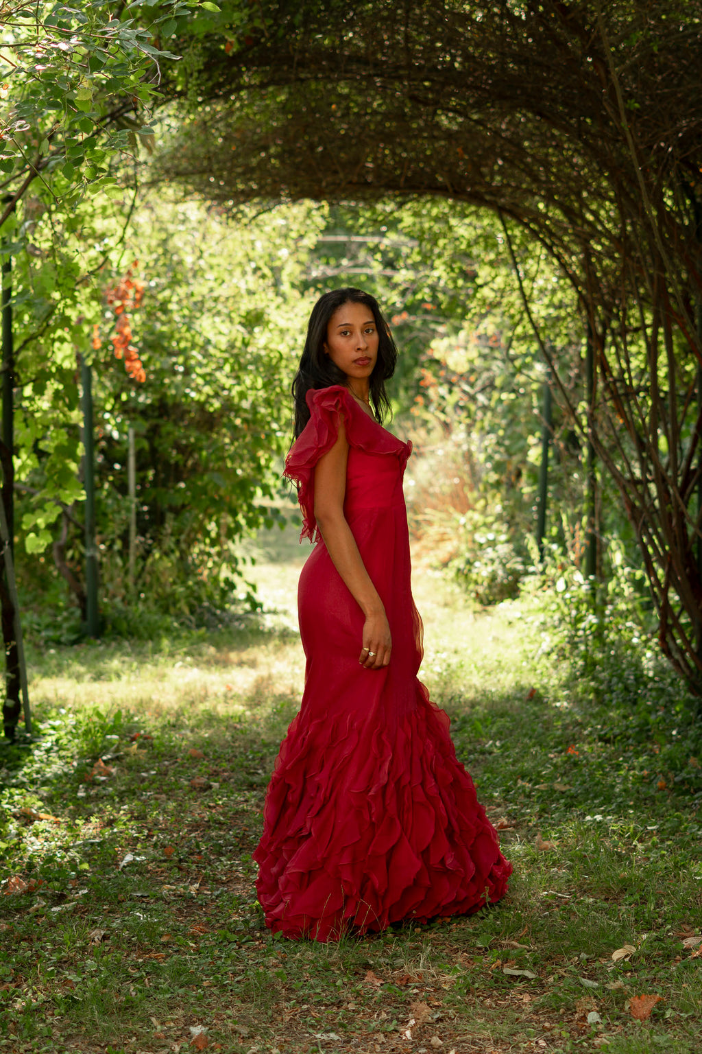 1970  Silk Organdy Ruffles Evening Gown