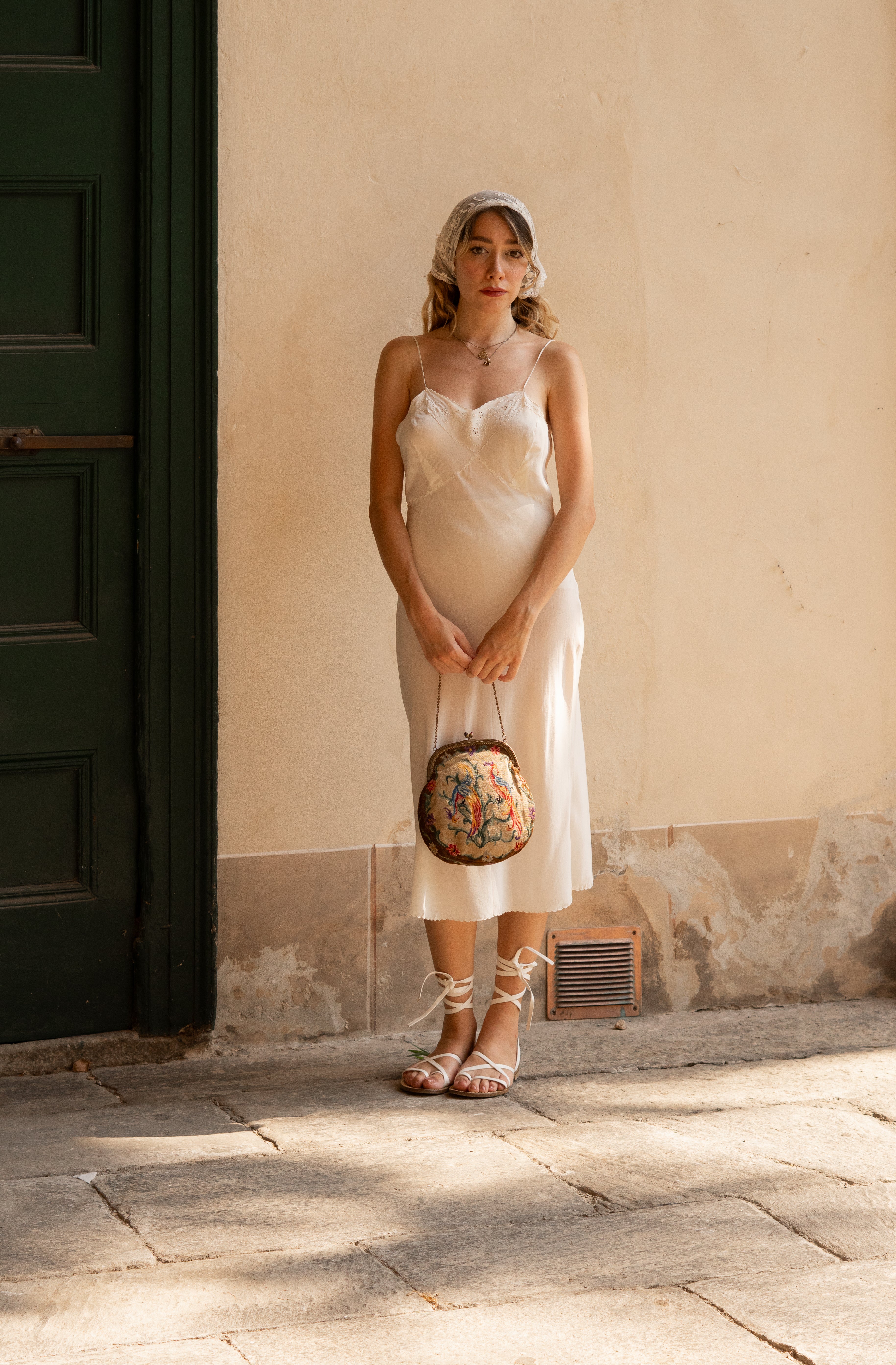 1930 White Silk Slip with Floralk Embroidery