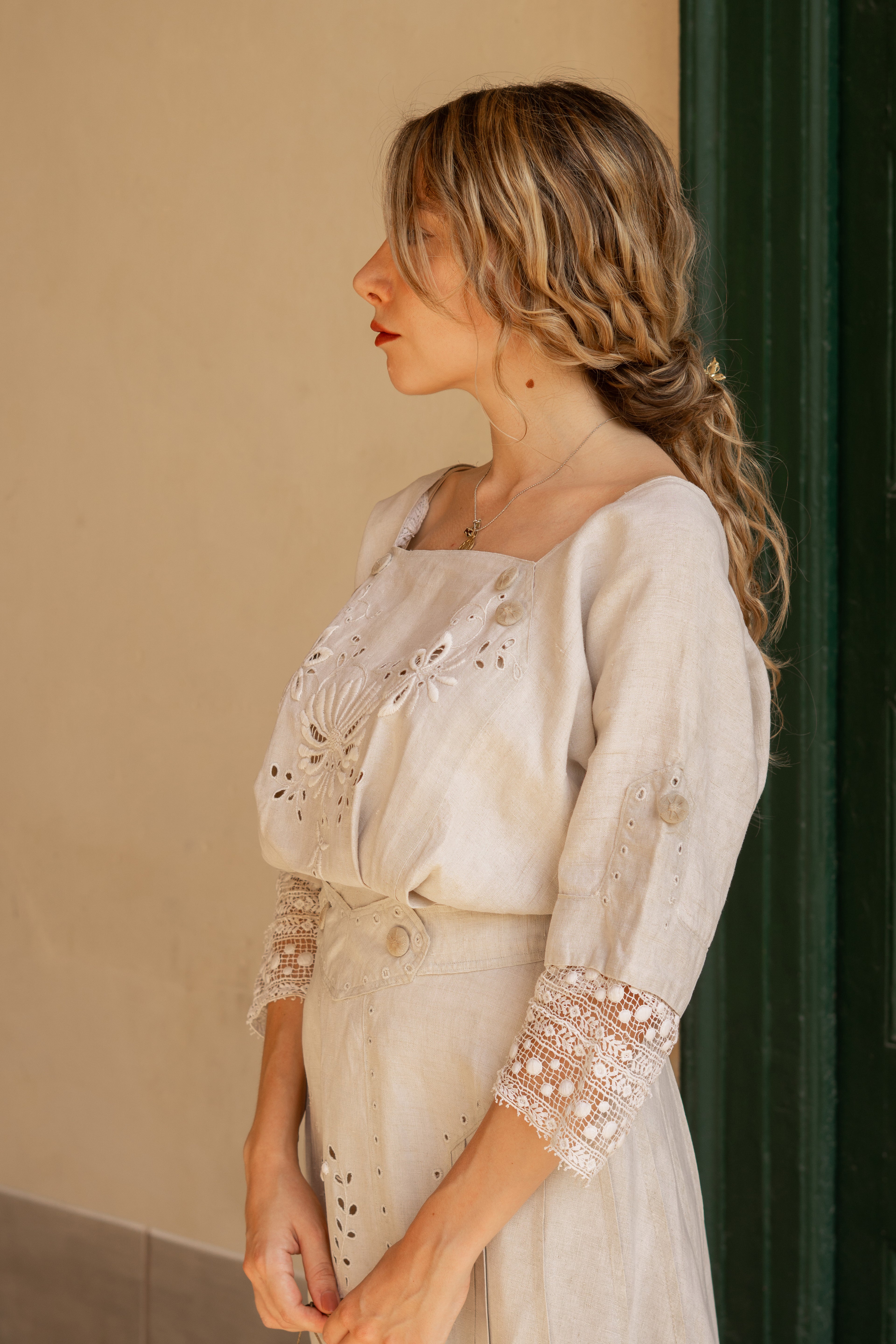 Edwardian Floral Embroidery Linen Dress
