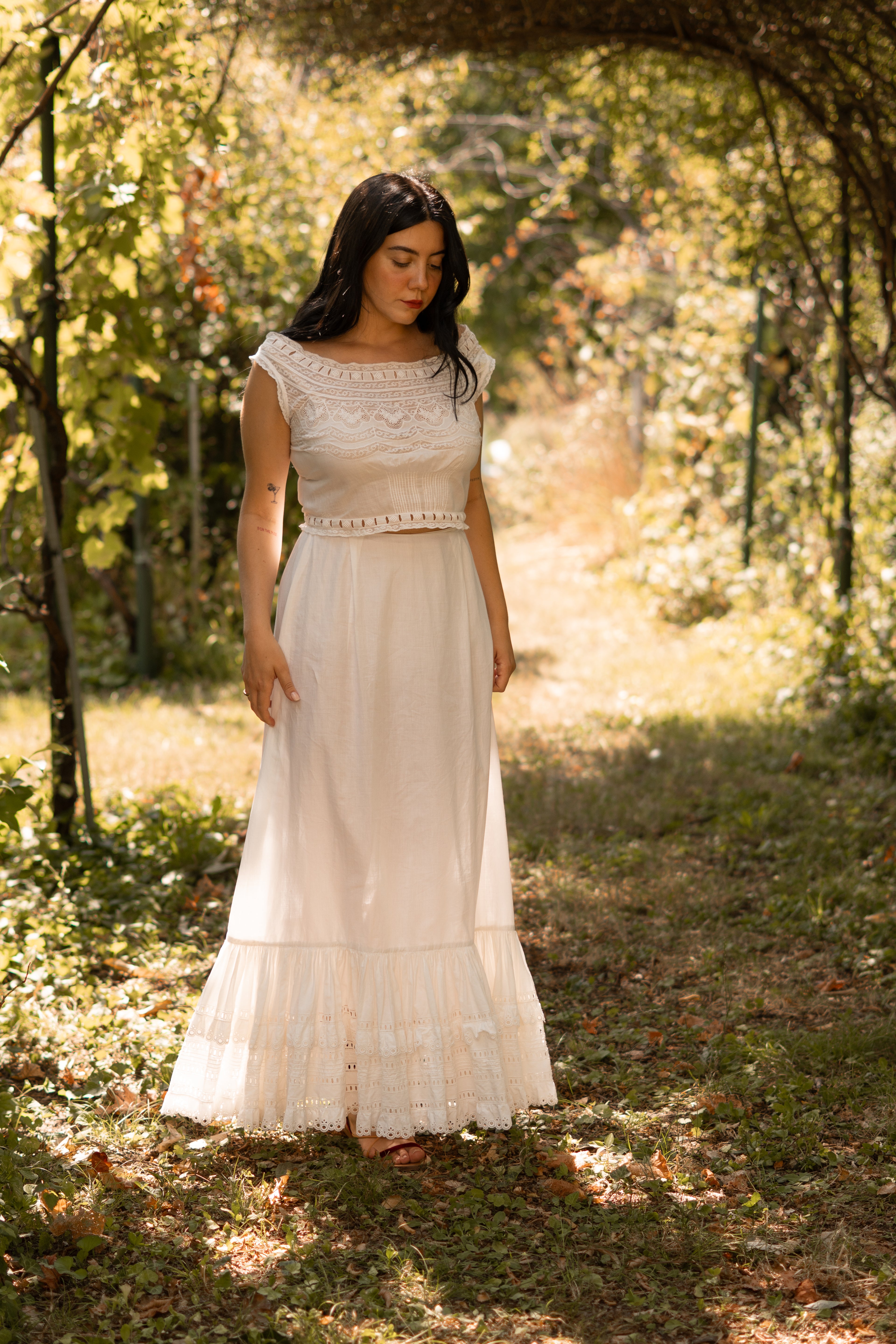1970s Cotton Maxi Skirt with Broderie Anglaise Ruffles