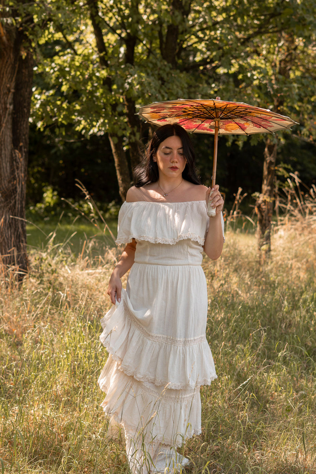 70s Mexican Traditional Off Shoulder Maxi Dress