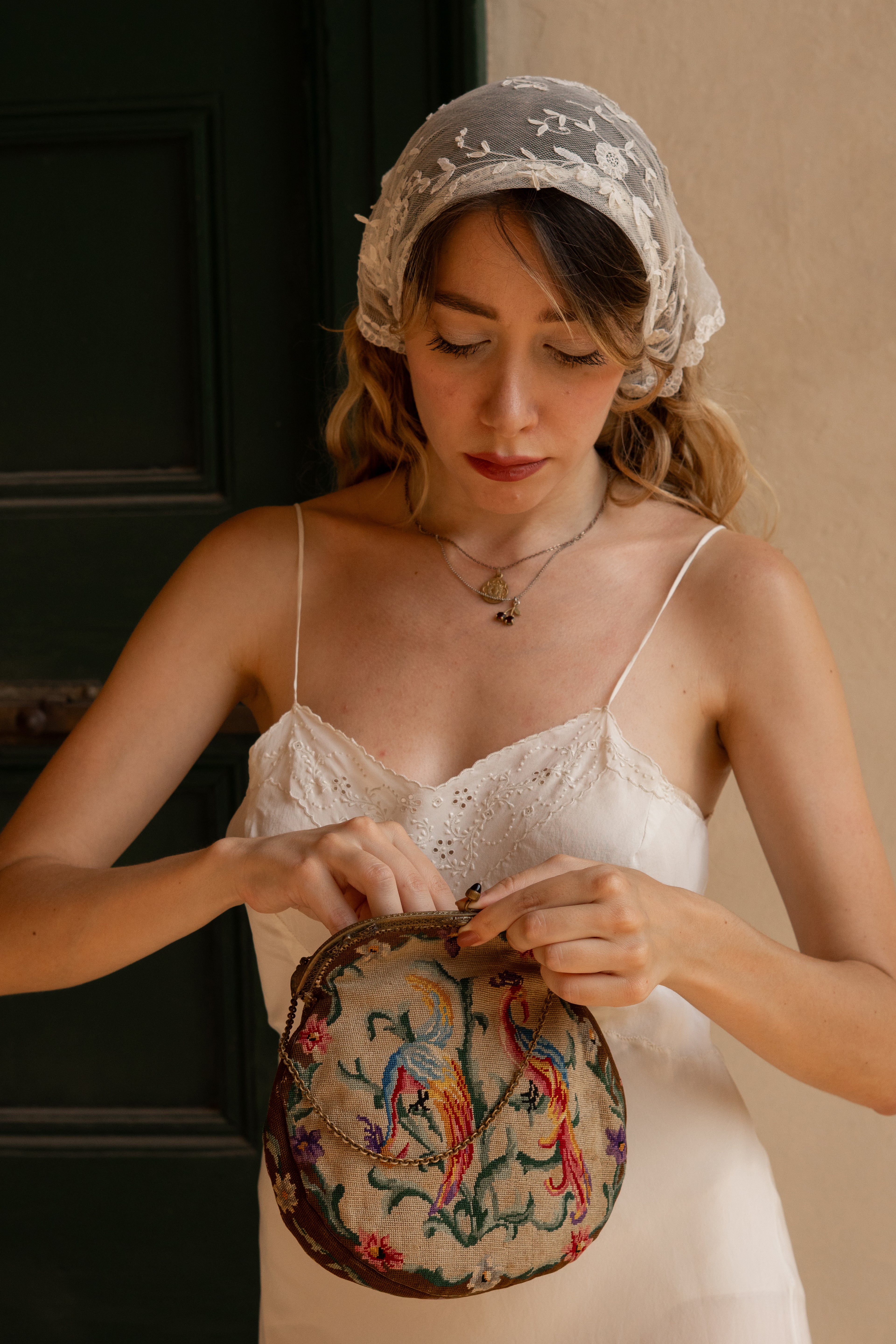1930 White Silk Slip with Floralk Embroidery