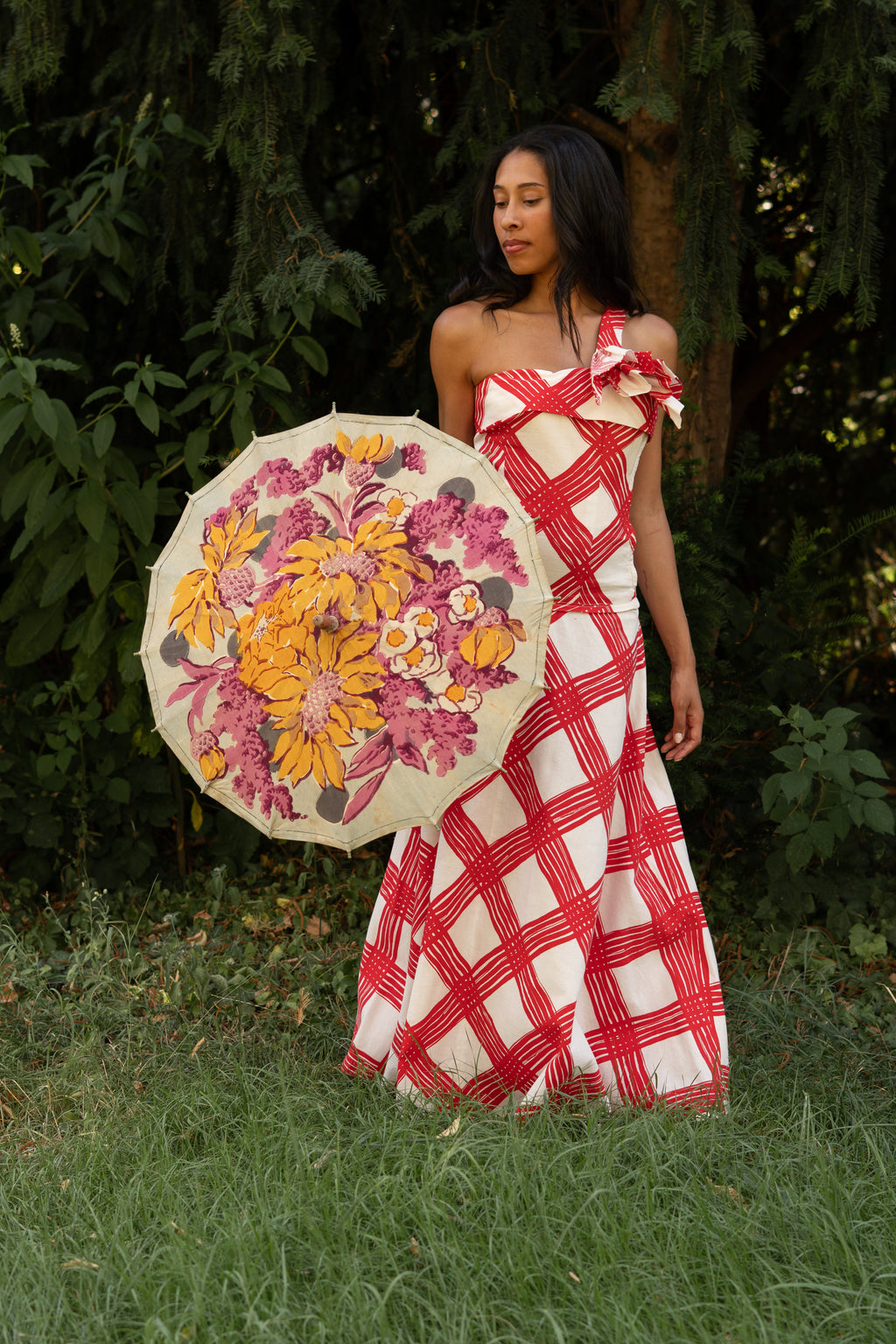 1940 Red and White Checked Long Dress