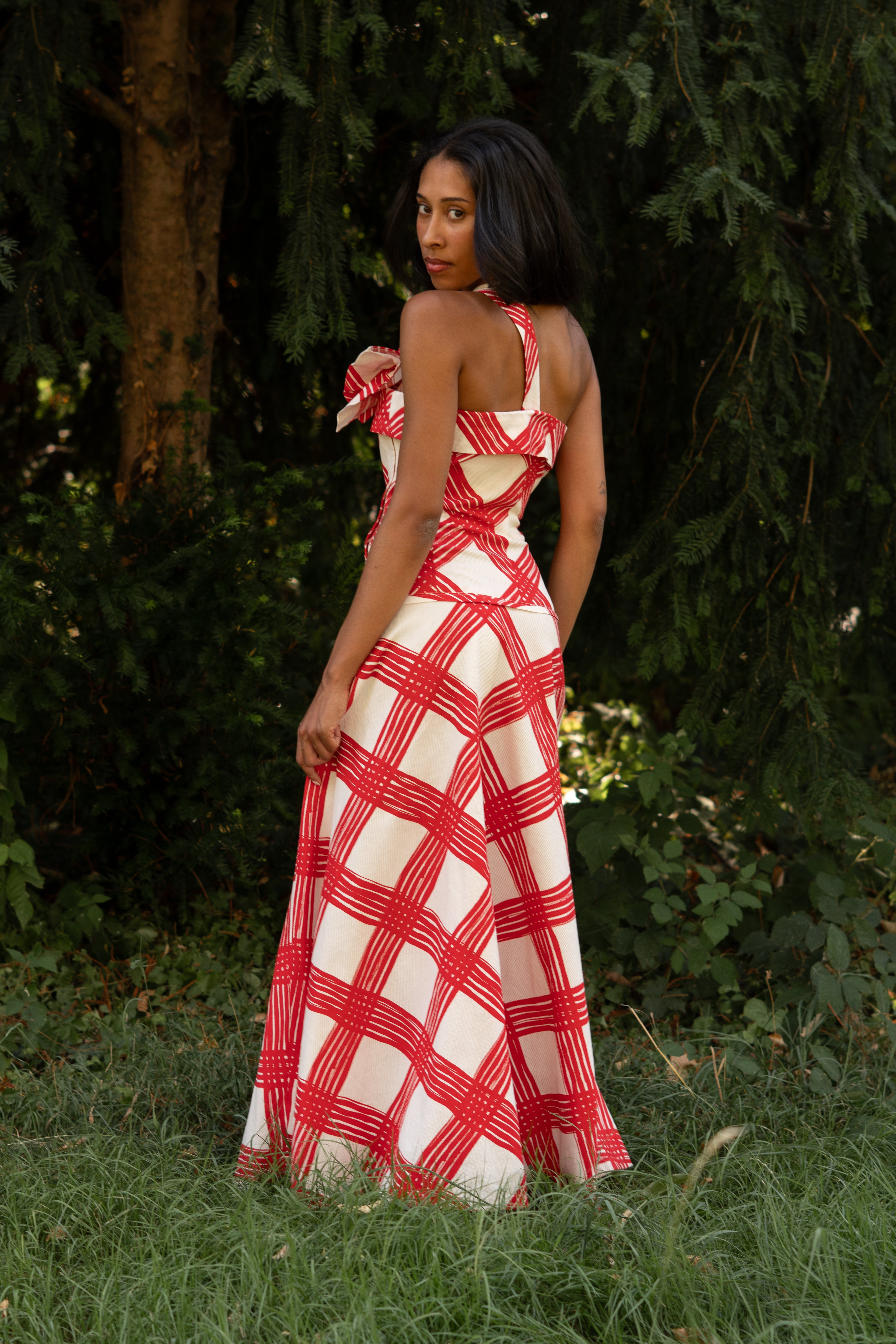1940 Red and White Checked Long Dress