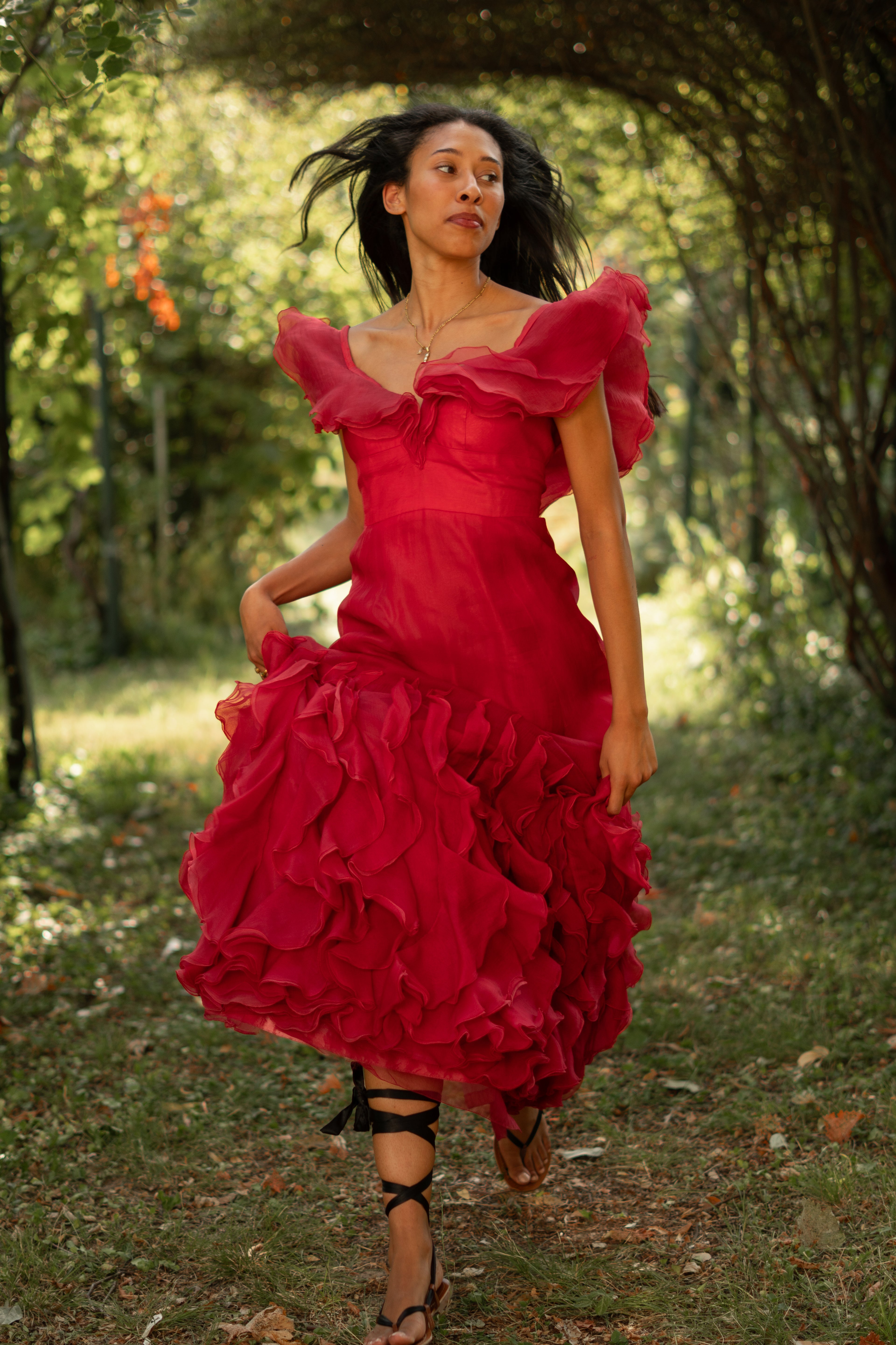 1970  Silk Organdy Ruffles Evening Gown