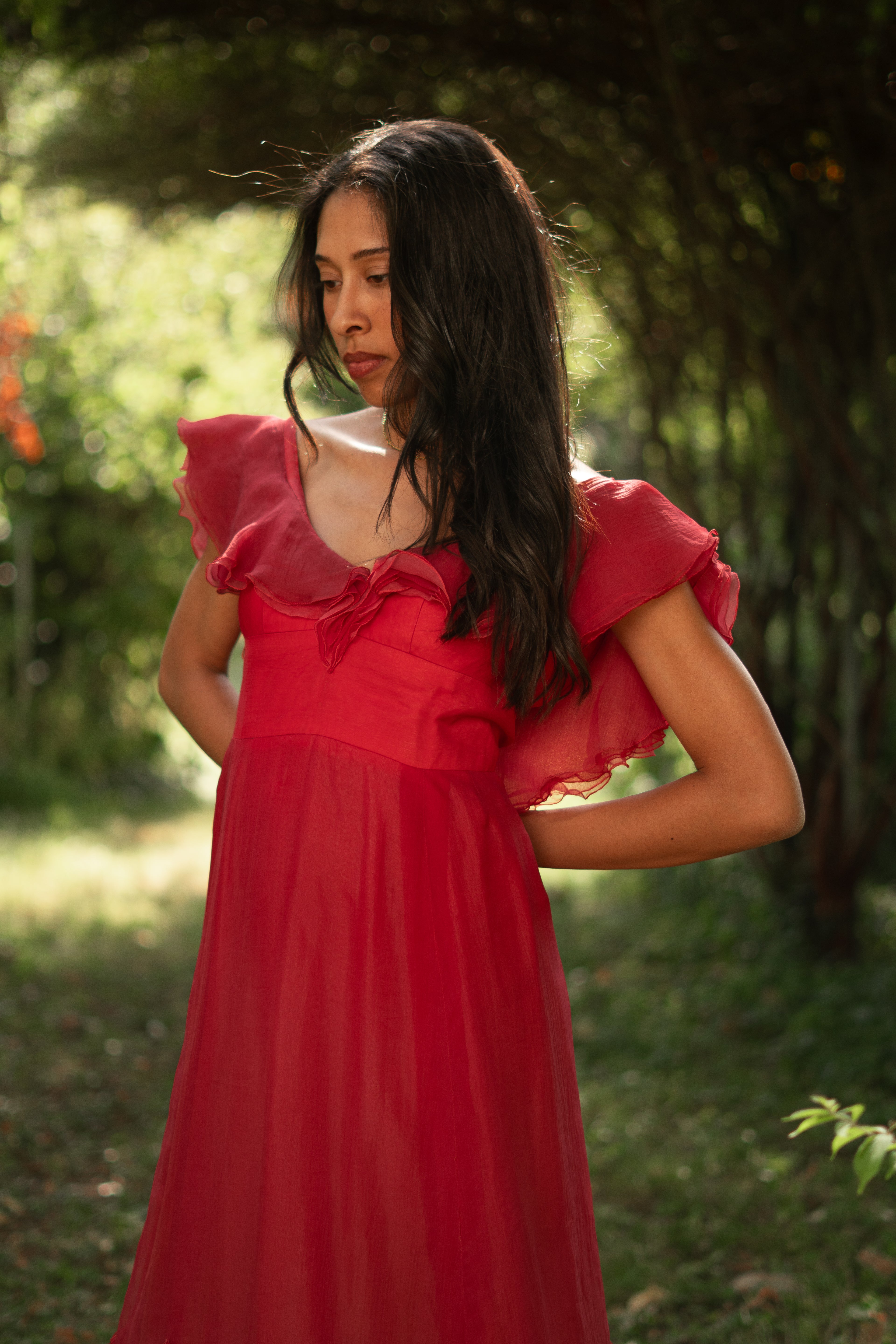 1970  Silk Organdy Ruffles Evening Gown