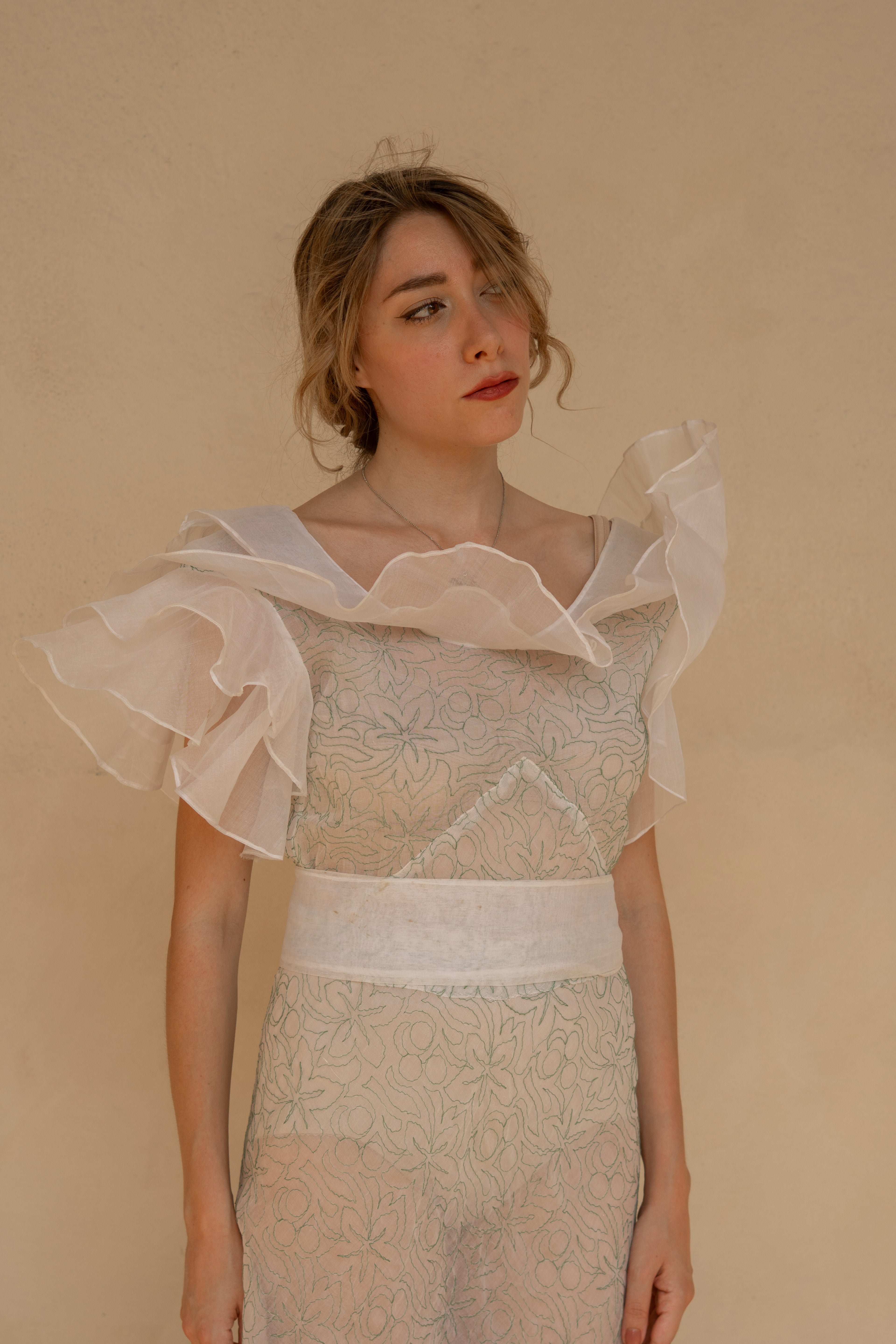 1930 Embroidered Cotton Organdy Garden Party Dress