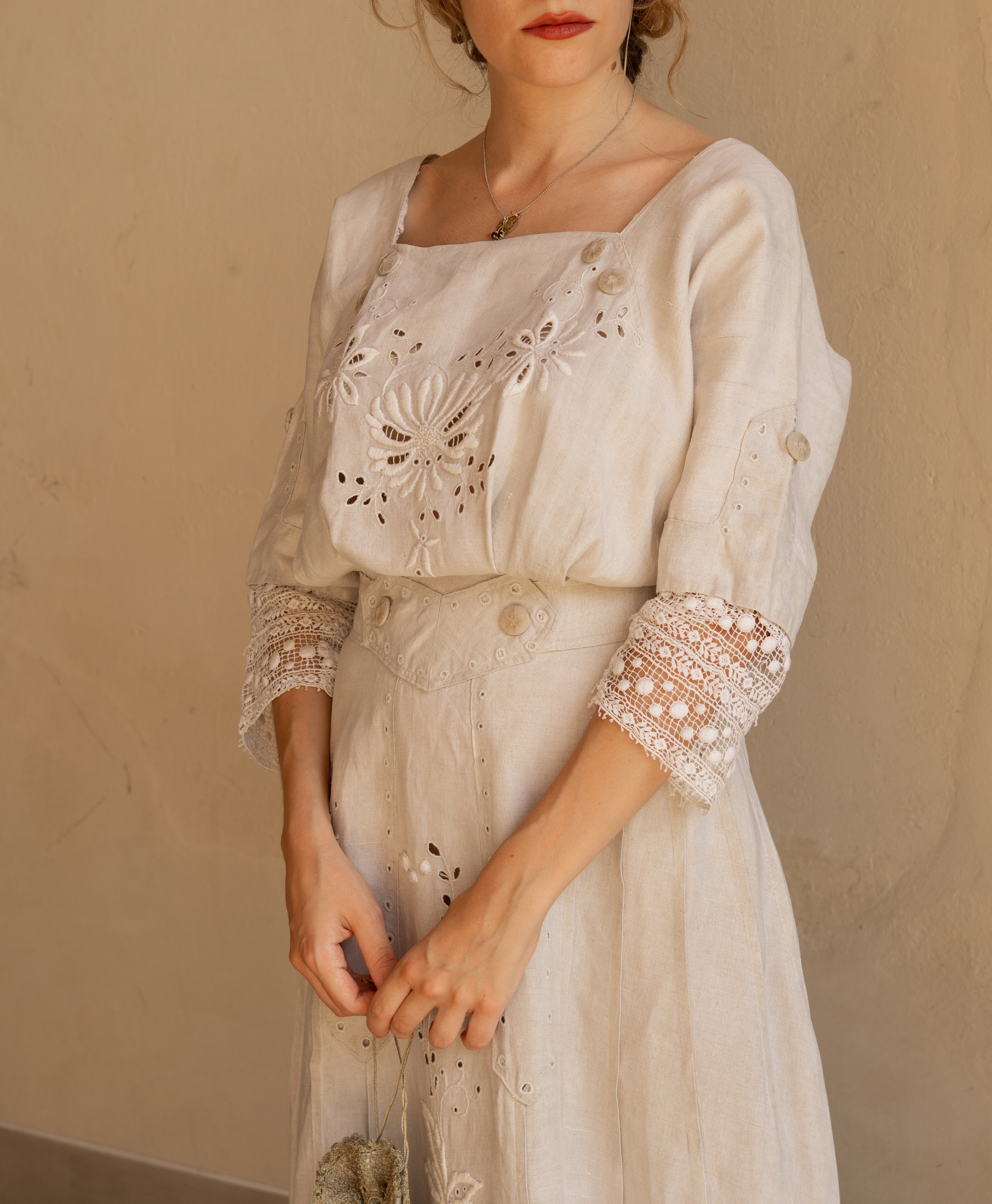 Edwardian Floral Embroidery Linen Dress