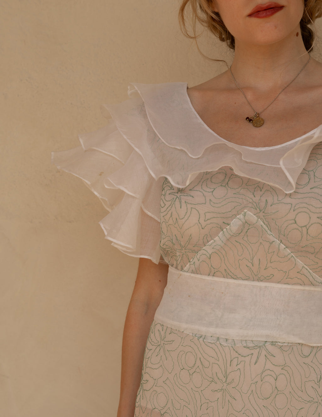 1930 Embroidered Cotton Organdy Garden Party Dress